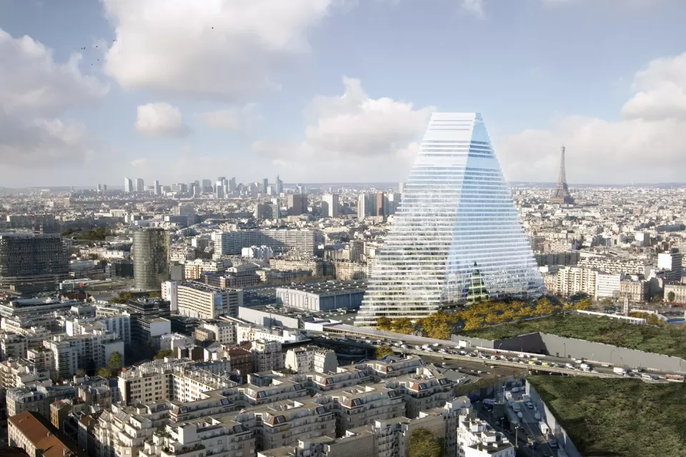 A conceptual rendering of the planned Tour Triangle building sticks above the Paris skyline, with the Eiffel Tower in the distance.